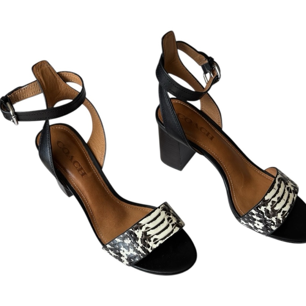 Coach Paige Leather 3” block Heel Open Toe Black snakeskin pattern | Size 8 B - Picture 7 of 14